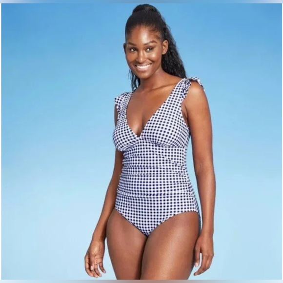 Kona Sol Gingham Ruffle One Piece Bathing Suit Swimsuit Size 16-18 New Plus Size